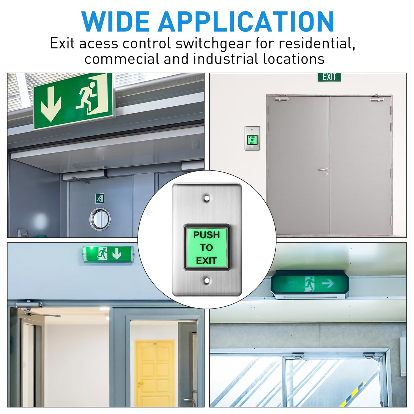 Tellegloww 4 Pcs Push to Exit Button Indoor Green Square Request to Exit Button Stainless Steel Wall Plate with Green LED Square