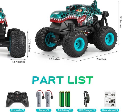 DYODYORC Remote Control Car - 2.4GHz All-Terrain Dinosaur Monster Truck with Music & Lights | 360 Stunt Capable, 2 Batteries, Cyan