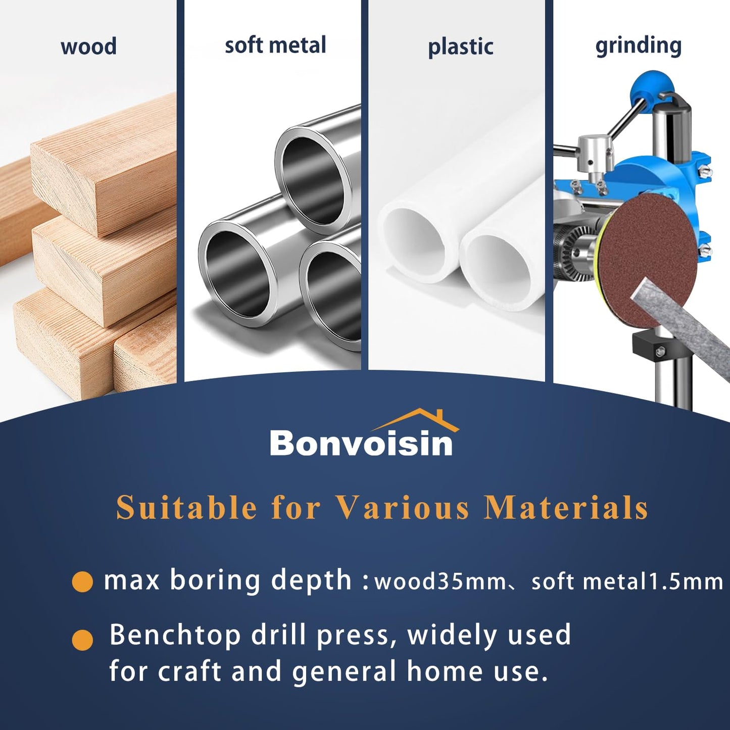 Bonvoisin Mini Benchtop Drill Press, 6 Variable Speed Drilling Machine for Craft and Home Improvement, 1200W Electric Drill Press 2800RPM Max Speed