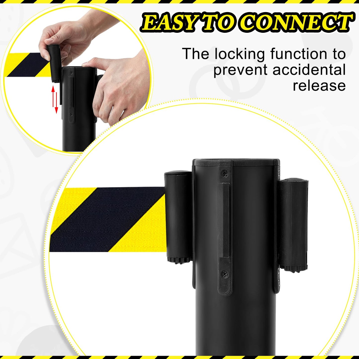 Therwen 6 Pcs Crowd Control Stanchions Set, Double Retractable Safety Belt, Heavy Duty Stainless Steel Crowd Control Barrier, Solid Metal Base, Easy Connect Assembly (9.8 ft,Black and Yellow)