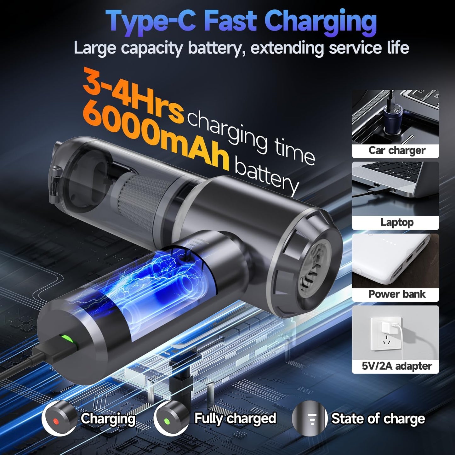 Skiennix Portable Cordless Car Vacuum - 24000PA High Power Suction | Mini Handheld Cleaner for Home & Office