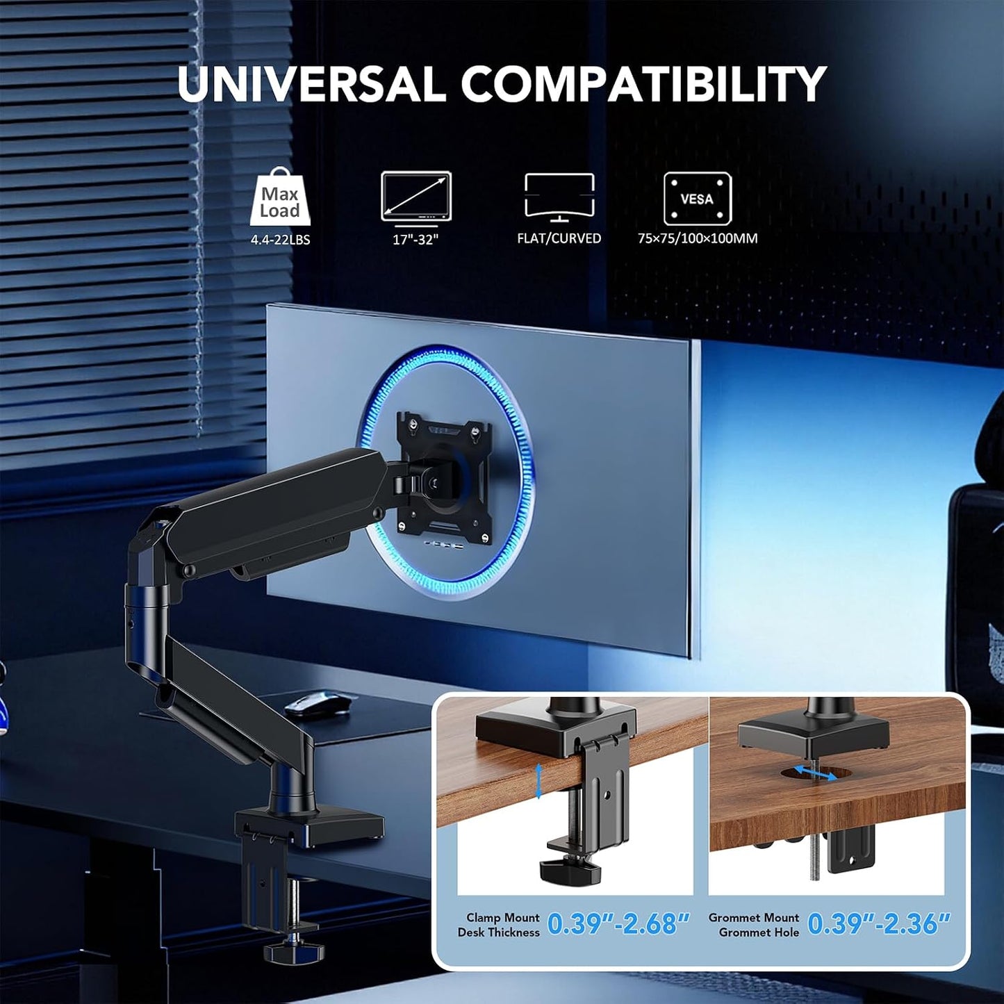 AX WABER 17-32 inch Grommet 4.4 22lbs AX09DB01 Single Monitor Arm, Monitor Mount for Screens Gas Spring Adjustable