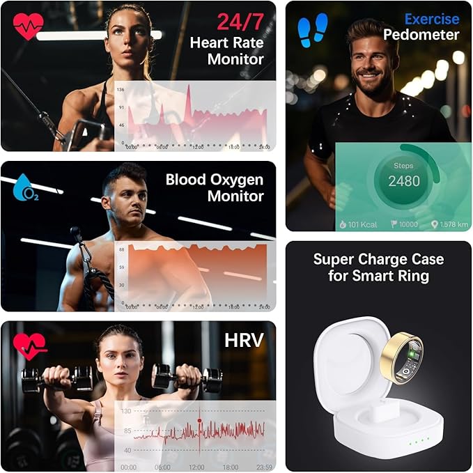 Health Tracker Ring, Smart Health Ring for Women Men with Heart Rate, Blood Oxygen, Sleep Monitor, Steps,Calories, No Subscription Fee, IP68 Waterproof Smart Ring for iPhone & Android (Gold, 10#)