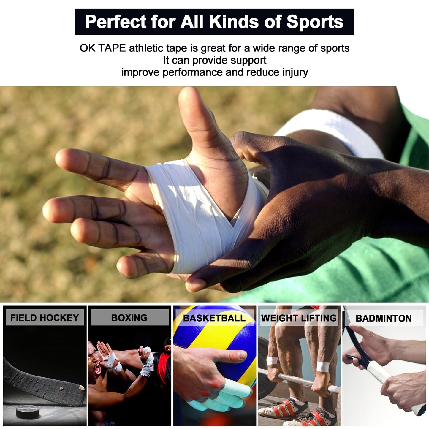 OK TAPE Athletic Sports Tape Bulk（12-Rolls) -180yds Very Strong Tape for Athlete & Sport Trainers & First Aid Injury Wrap, Perfect for Fingers Ankles Wrist on Bat, Hockey Stick - White