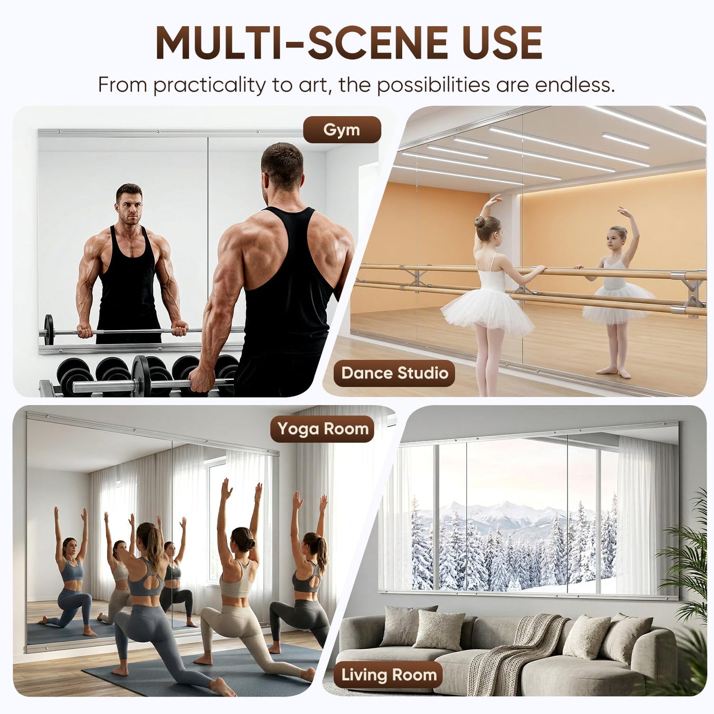 Antok Home Gym Mirror 48"x24" 2PCS, Large Full Length Wall Mounted Mirrors, Frameless Tempered Glass Full Body Mirror for Gym Yoga Dance Studio Garage Bedroom & Bathroom