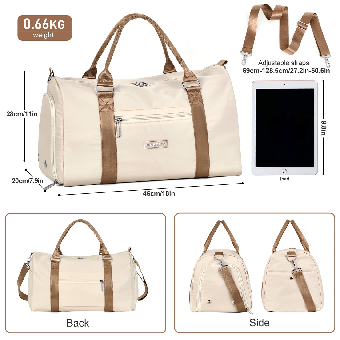 FIORETTO Womens Gym Tote Duffle Bag with Wet Pocket & Shoe Compartment, Sports Duffel Overnight Weekender Hospital Workout Carry on Bag for Girls, Ideal for Travel, Swimming, Dance, Ballet Beige