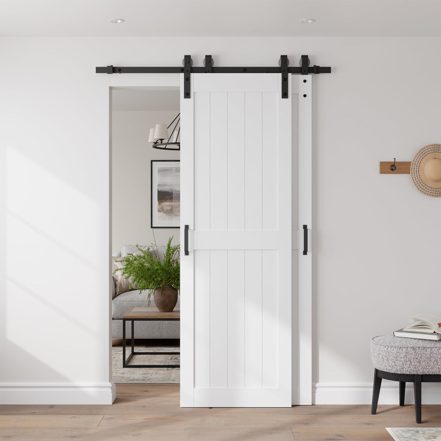 COSHOMER 28" x 84" Bypass Barn Door, Sliding Barn Door with 5FT Track Hardware Kit Included, H Shape Solid Core MDF Barn Doors, Waterproof PVC Surface, Save Space, Easy to Install, White