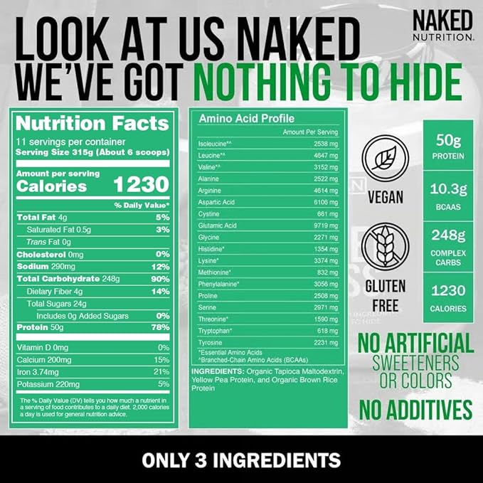 NAKED Vegan Mass - Natural Vegan Weight Gainer Protein Powder - 1,230 Calories, Non-GMO, Soy & Gluten Free, No Artificial Ingredients - 8LB Bulk - 11 Servings