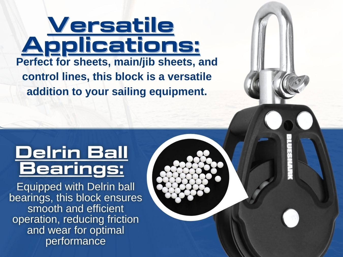 Blue Shark 2250-38mm Single Swivel Block - Max Line: 3/8” (10 mm), Safe Working Load (SWL): 900 lbs, Breaking Load: 2200 lbs (1-Pack)