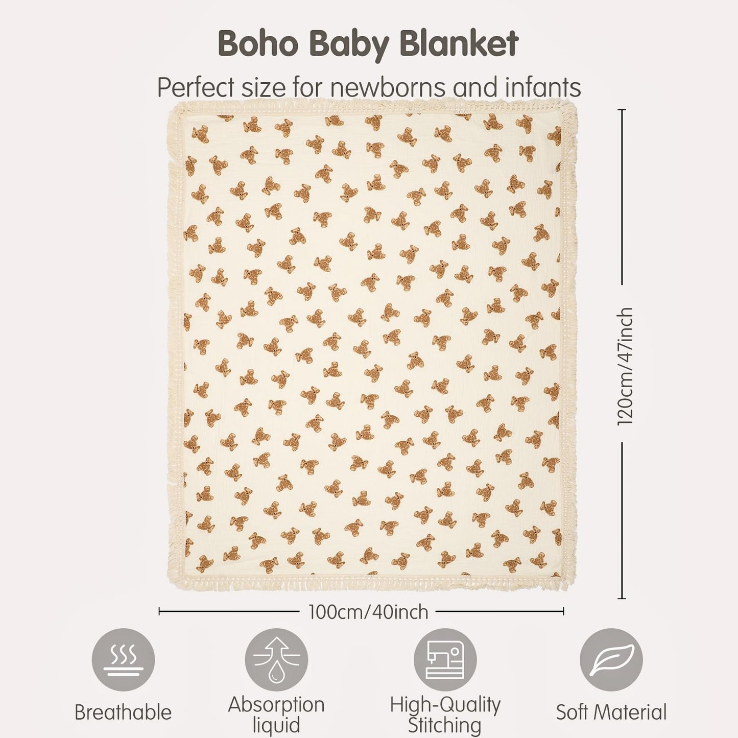 insular Cotton Muslin Baby Blanket with Tassel, Boho Bohemian Muslin Swaddle Blanket Baby Receiving Blanket with Fringe, Nursery Decor Throw or Nursing Blankets, 47" x40”, Little Bear