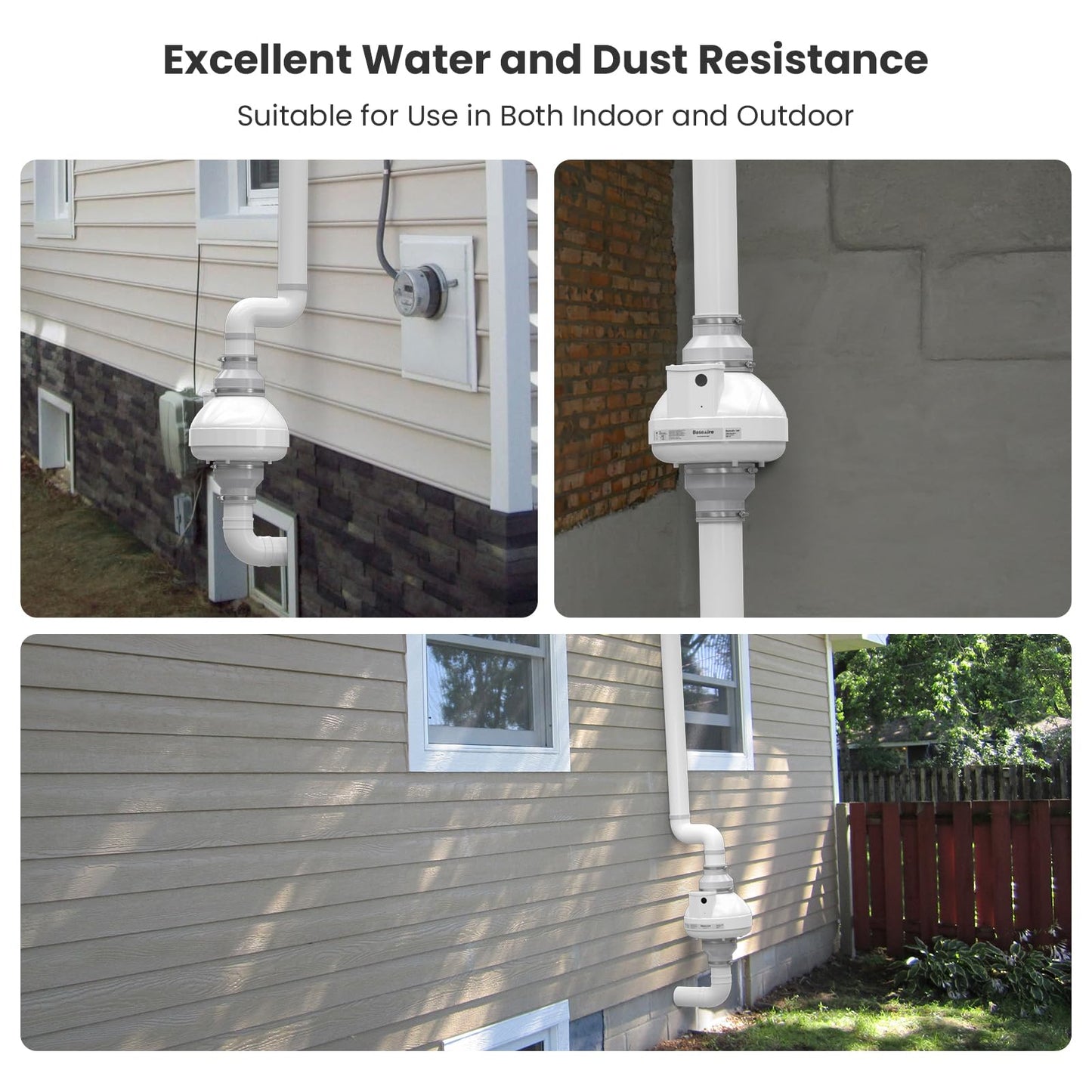 BaseAire 4 Inch 237 CFM Radon Mitigation Fan, Quiet Energy Efficient Radon System, RadonEx 15F Crawlspace or Slab Application, Waterproof Exhaust Fan for Indoor Outdoor Ventilation, 1500 Square Feet