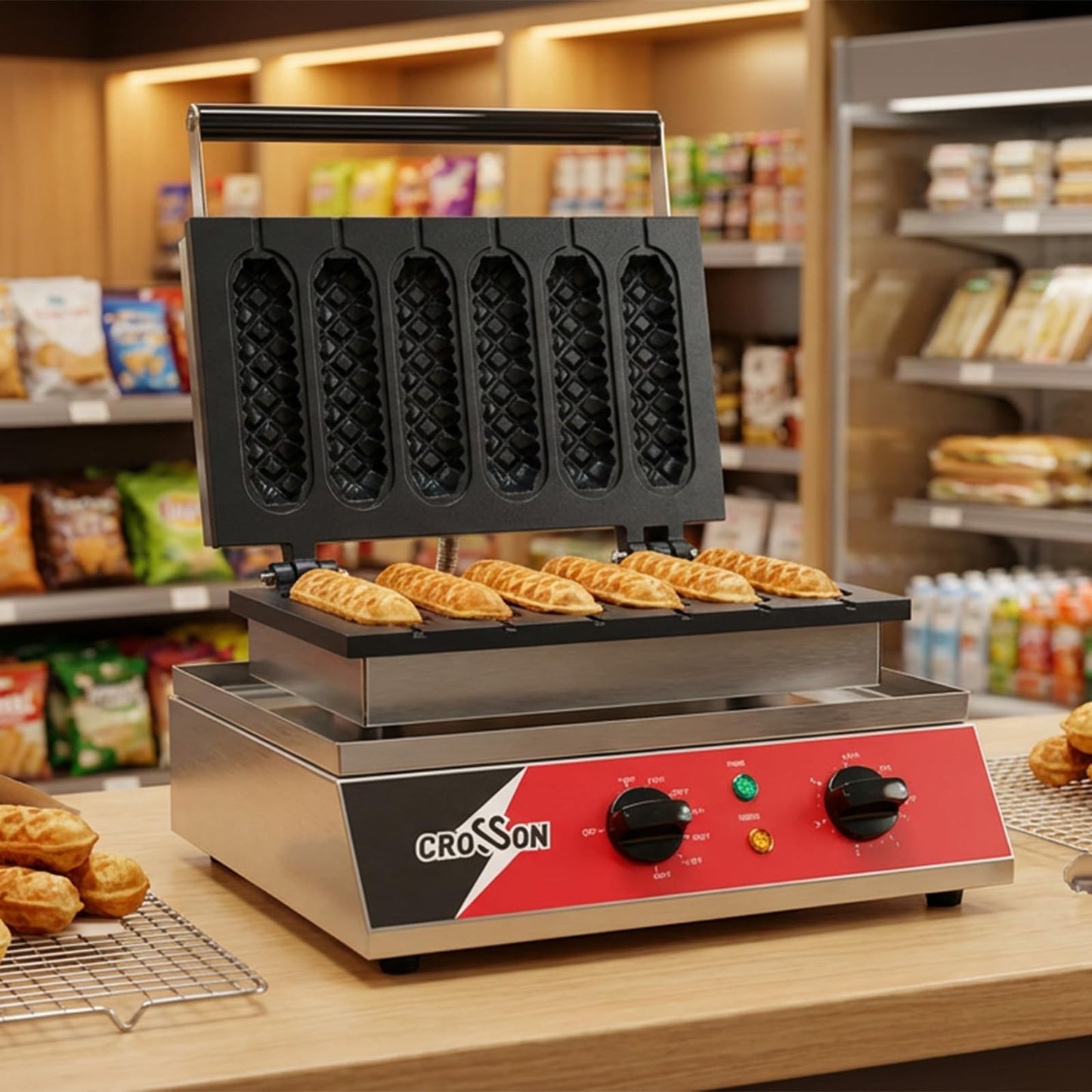 CROSSON Commercial 6PCS Waffle Stick Maker, Non-Stick Triple-Layer Coating Corn Hot Dog Waffle Iron W/ 140-480℉ Temp Range and 5 Minutes Timer, Machine for Restaurant Bakery Snack Bar-120V/1600W