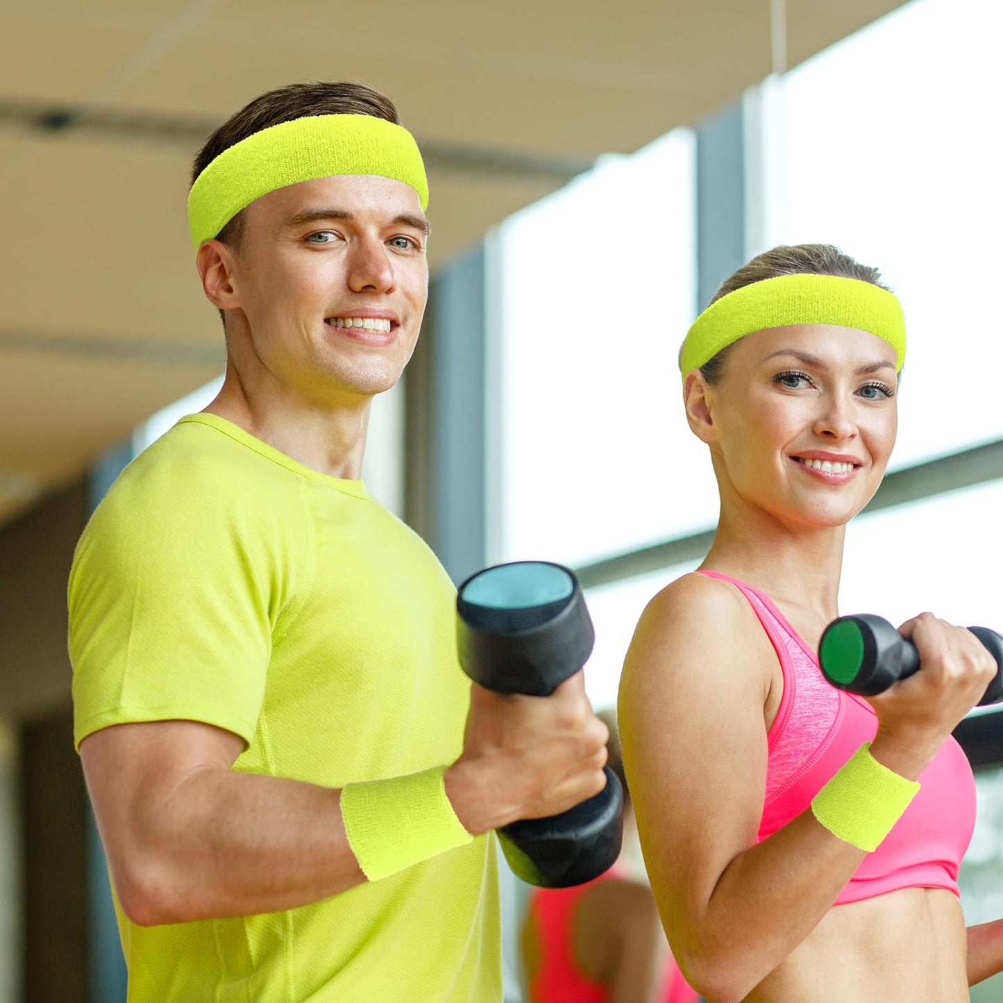 24 Pieces 80s Neon Sweatbands Set, Include 8 Sports Headbands and 16 Sweat Wristbands Elastic Athletic Tennis Sweat Bands Bulk for Man Woman(Fluorescent Yellow)