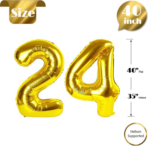 Gold Number 24 Balloon - 40 Inch Golden Birthday Decoration for 24th Celebration | Party Supplies