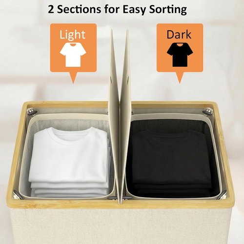 Efluky Laundry Hamper - Double 2-Section Basket with Lid & Removable Bags - 140L Beige