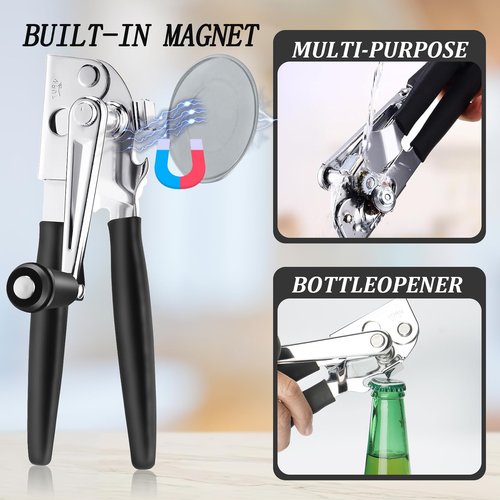 Commercial Can Opener Manual, RICKUNCL Heavy Duty Can opener with Magnet, Stainless Steel Handheld Can Opener with Folding Easy Crank Handle Oversized Knob for Big Cans and All Size Cans