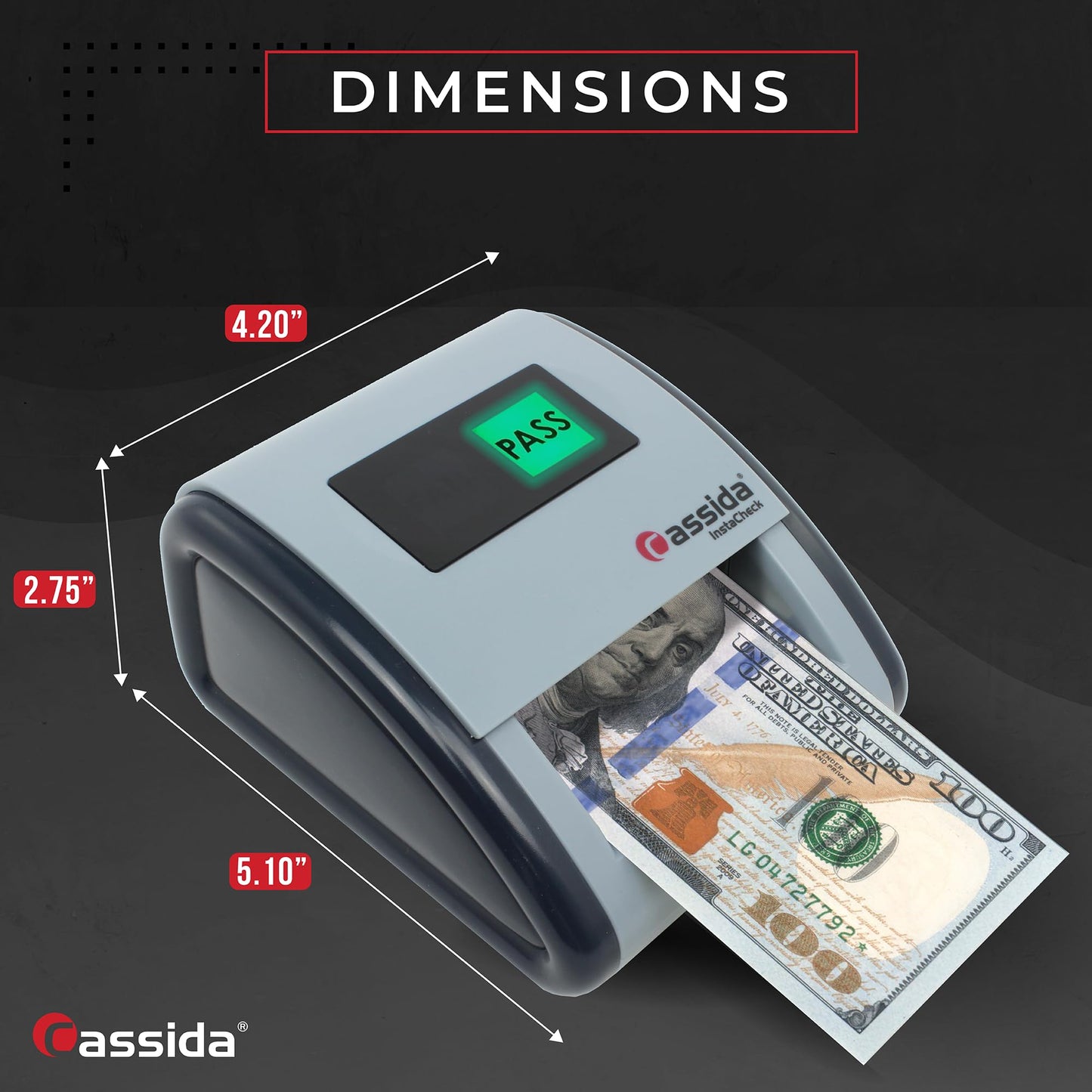 Cassida InstaCheck Small Footprint, Easy to Read Automatic Counterfeit Detector with Infrared, Magnetic and Ultraviolet Sensors, Compact and Lightweight Grey 11-3/4" x 9-1/2 (Pass/Fail)