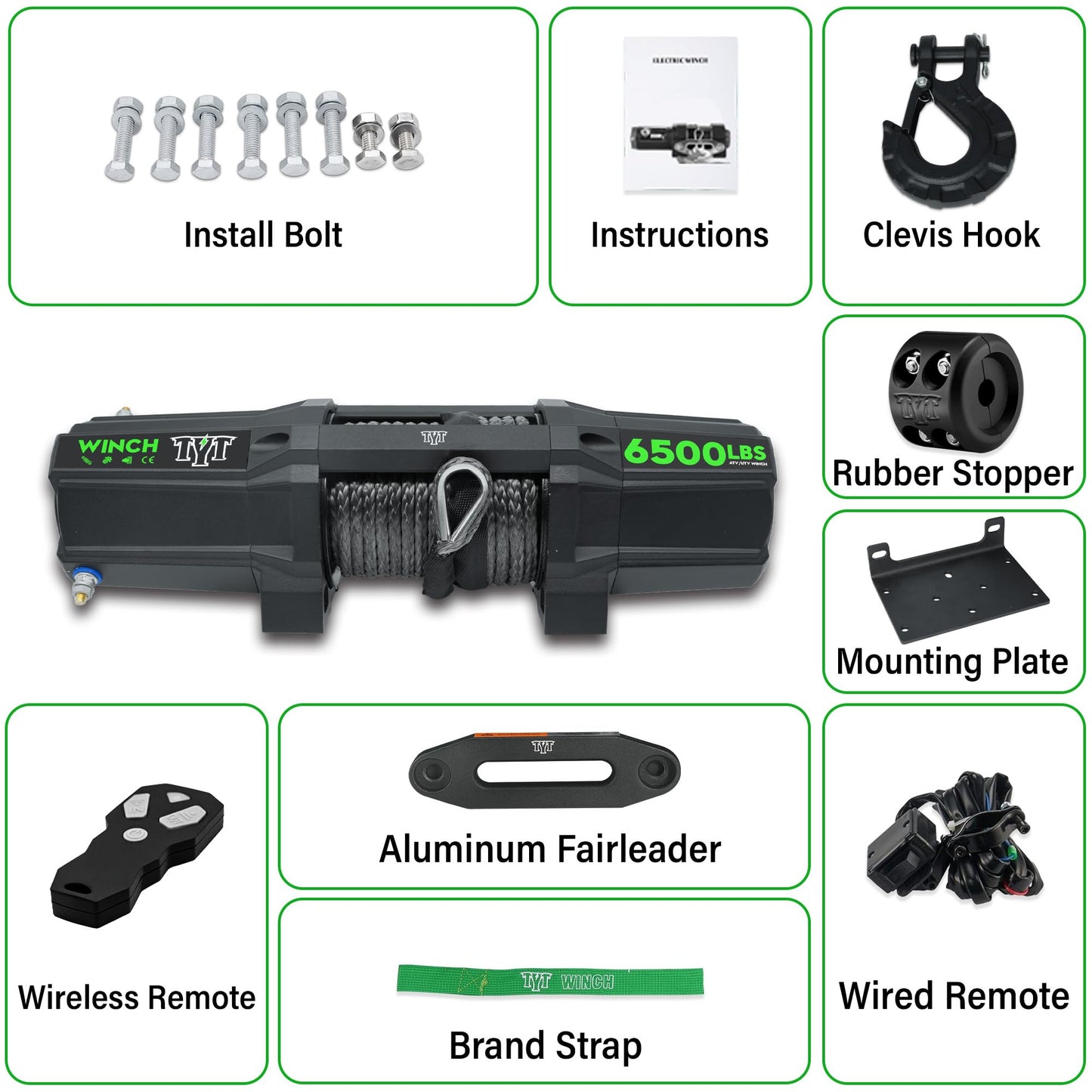 TYT 6500 lb UTV Winch Kit,12 Volt DC Electric Trailer Winch with Wireless Remote and Wired Switch,1/4" x 50FT Synthetic Rope Winch with Rubber Stopper and Mounting Plate