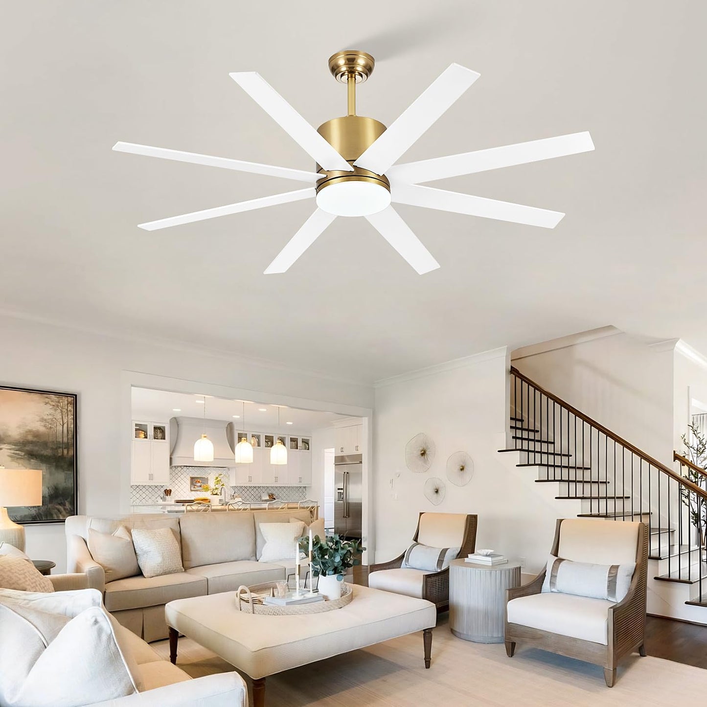 TXCSLY 60 inch Ceiling Fan with Light, Large Ceiling Fans with Remote Outdoor Ceiling Fan Quiet DC Motor, 8 Blades, 6 Wind Speed, Dimmable and Quiet DC Motor for Bedroom Living Room- White &Gold