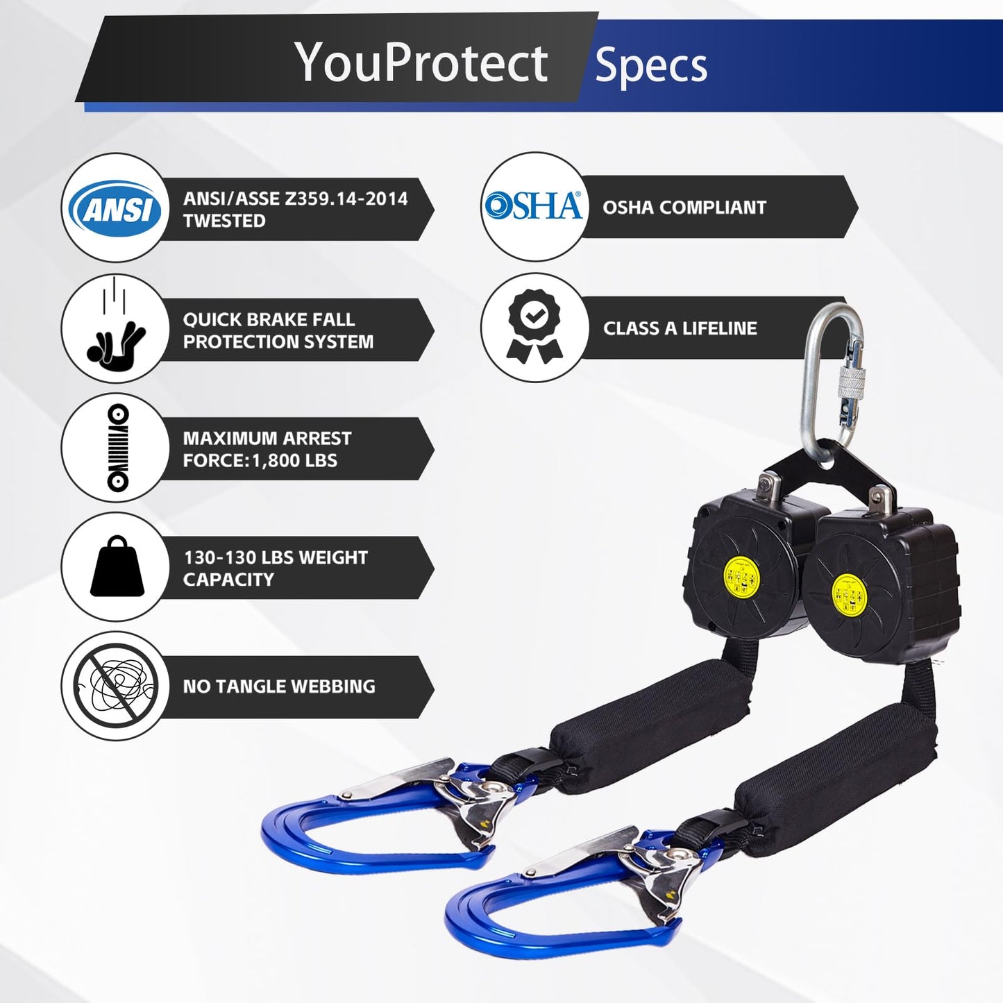 Fall Protection Retractable Lanyard - 6FT Dual Leg SRL Self Retracting Lifeline for Roofing and Construction, Dual Aluminum Hooks, Shock Absorber | OSHA & ANSI Compliant SRL