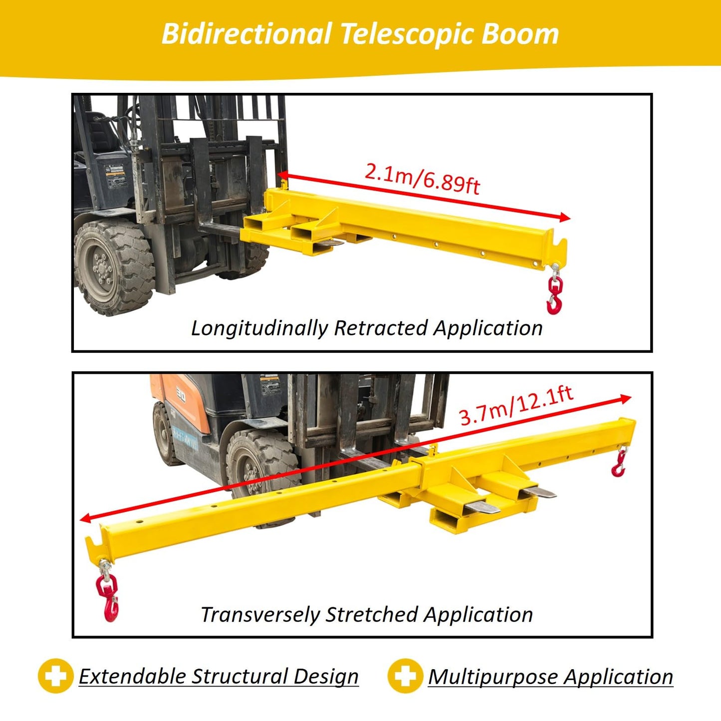 LGXEnzhuo 4400LB Forklift Jib Boom Crane Attachment – Bidirectional Telescopic Carbon Steel Hoist, 12.1ft Adjustable Lifting Arm, 6.3"x2.56" Pocket Size, for Warehouse Farm