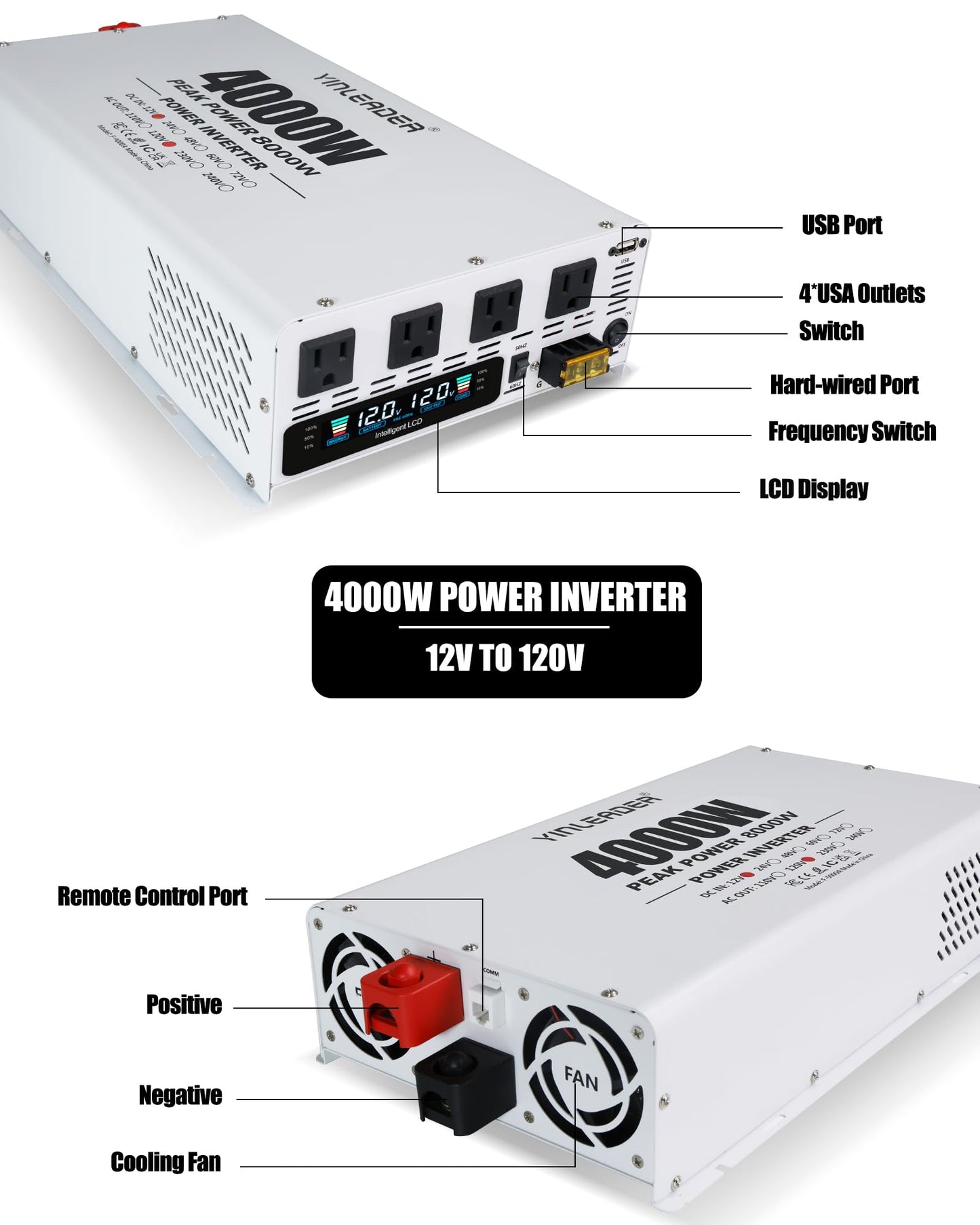 4000W Power Inverter 12V to 110V/120V, Solar Inverter Remote for RV Camping Off-Grid Solar Inverter Systems