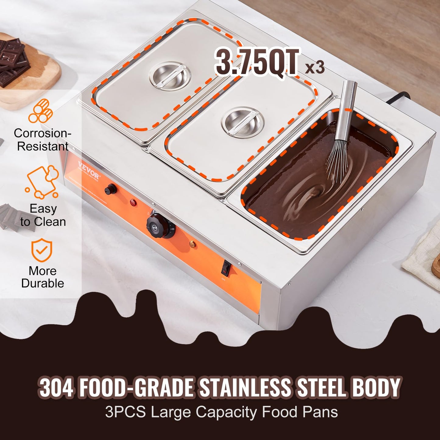 VEVOR Chocolate Tempering Machine, 26.5 Lbs 3 Tanks Chocolate Melting Pot Temp Control 86~185℉, 1500W Stainless Steel Electric Commercial Food Warmer for Chocolate/Milk/Cream Melting and Heating