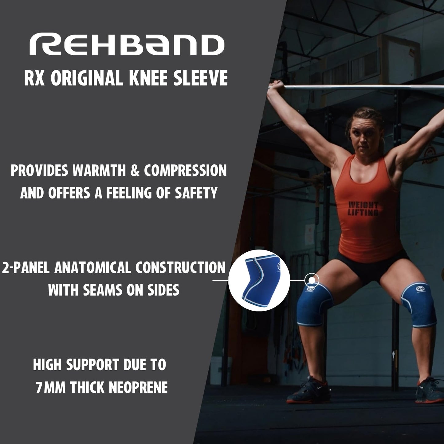 Rehband Classic Knee Sleeve for Strength Training - 7mm Neoprene Knee Brace Competition, Weightlifting, Flexible & Non-Slip Knee Support for Men & Women with anatomic shape, Colour:Blue - 1 Pair, Size:X-Large