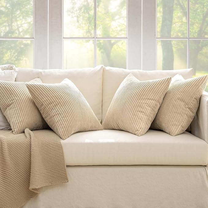 MIULEE Boho Farmhouse Throw Pillow Covers 18x18 Inch Set of 4 Mordern Nordic Cushion Covers Soft Corduroy Spring Home Decor for Couch Bed Sofa Living Room Beige