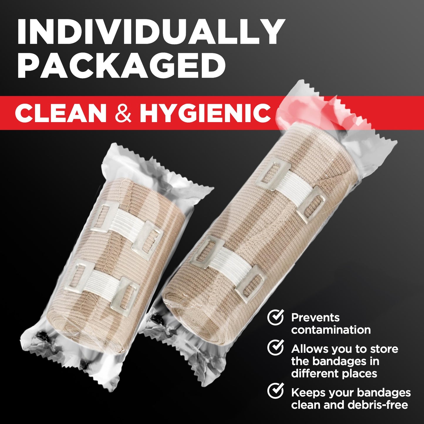 Premium Elastic Bandage Wrap - 4pk (2x3in, 2x4in) + 12 Extra Clips - Strong Compression Bandage Wrap for Leg, Arm, Wrists, Elbow, Ankles, Feet and Knees - for First Aid Kit and After Surgery Recovery