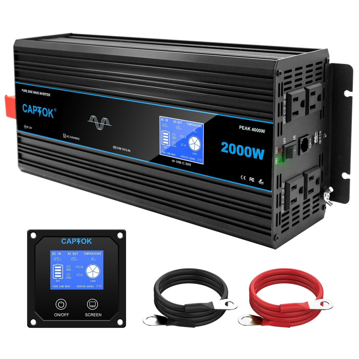 CAPTOK 2000W Pure Sine Wave Inverter DC 12V AC 120V Double LCD Screen Remote Control Power Inverter 30W USB-C 4AC Outlets for RV, Home, Solar System