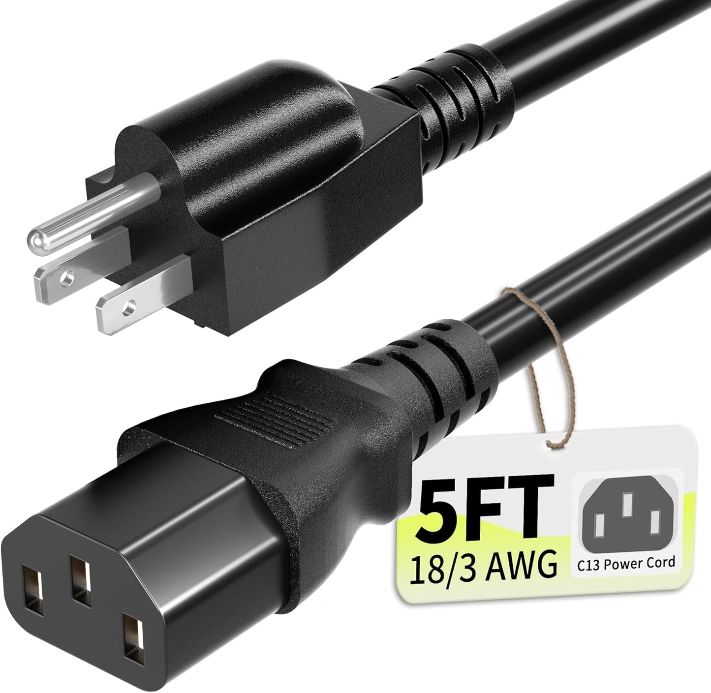 Vockjour 3 5ft 10 125 18AWG, 5-15P C13, Prong AC Power Cord Cable Amps Volts NEMA to Black PC Power Cable for TV