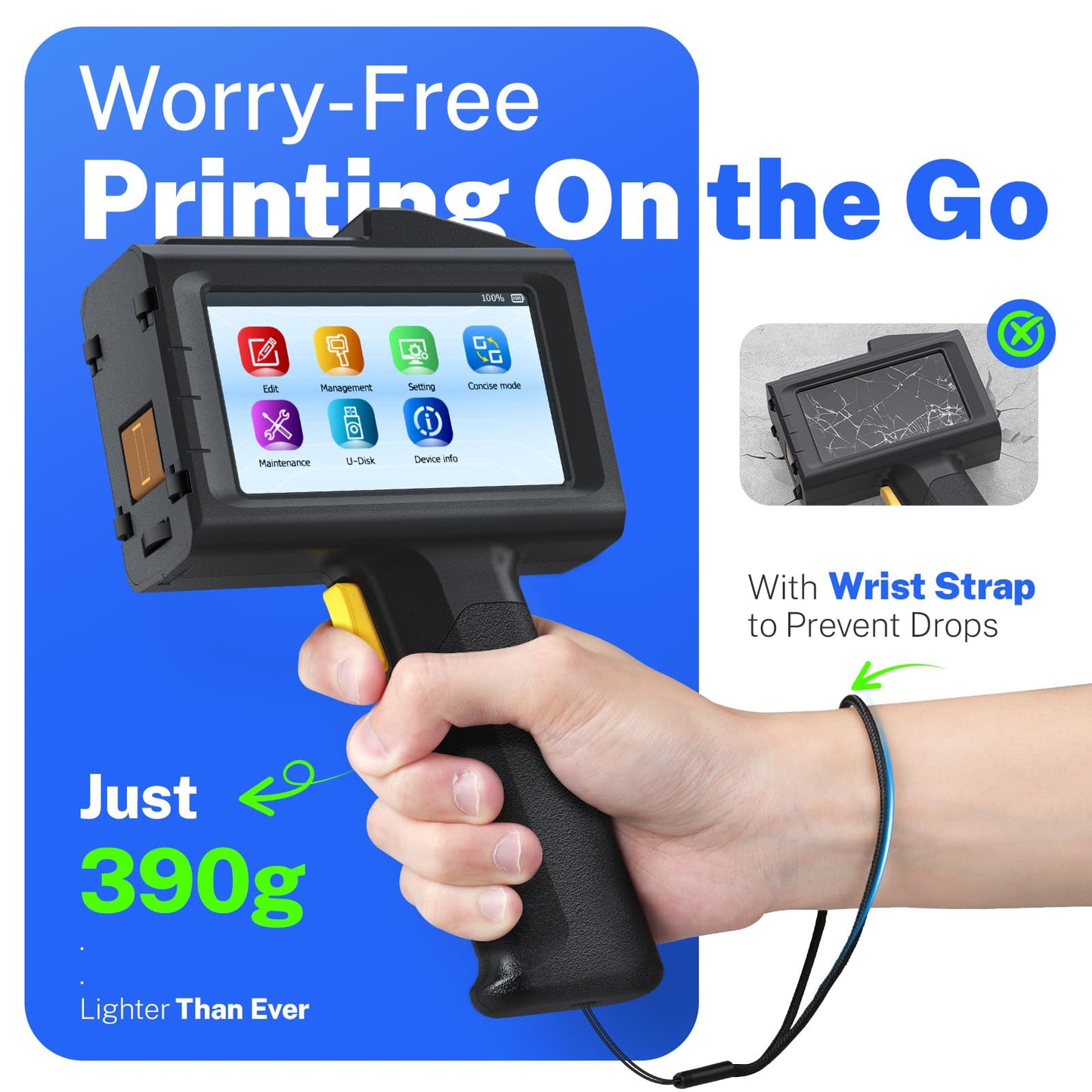 0.5 Inches Print Height Intelligent Handheld Inkjet Printer Lasts 16H Weighs Only 390g for Batch Code Date Lot Number Print on Plastic Carton Wood Metal Glass Aluminum with 42ml Fast Dry Ink (Black)