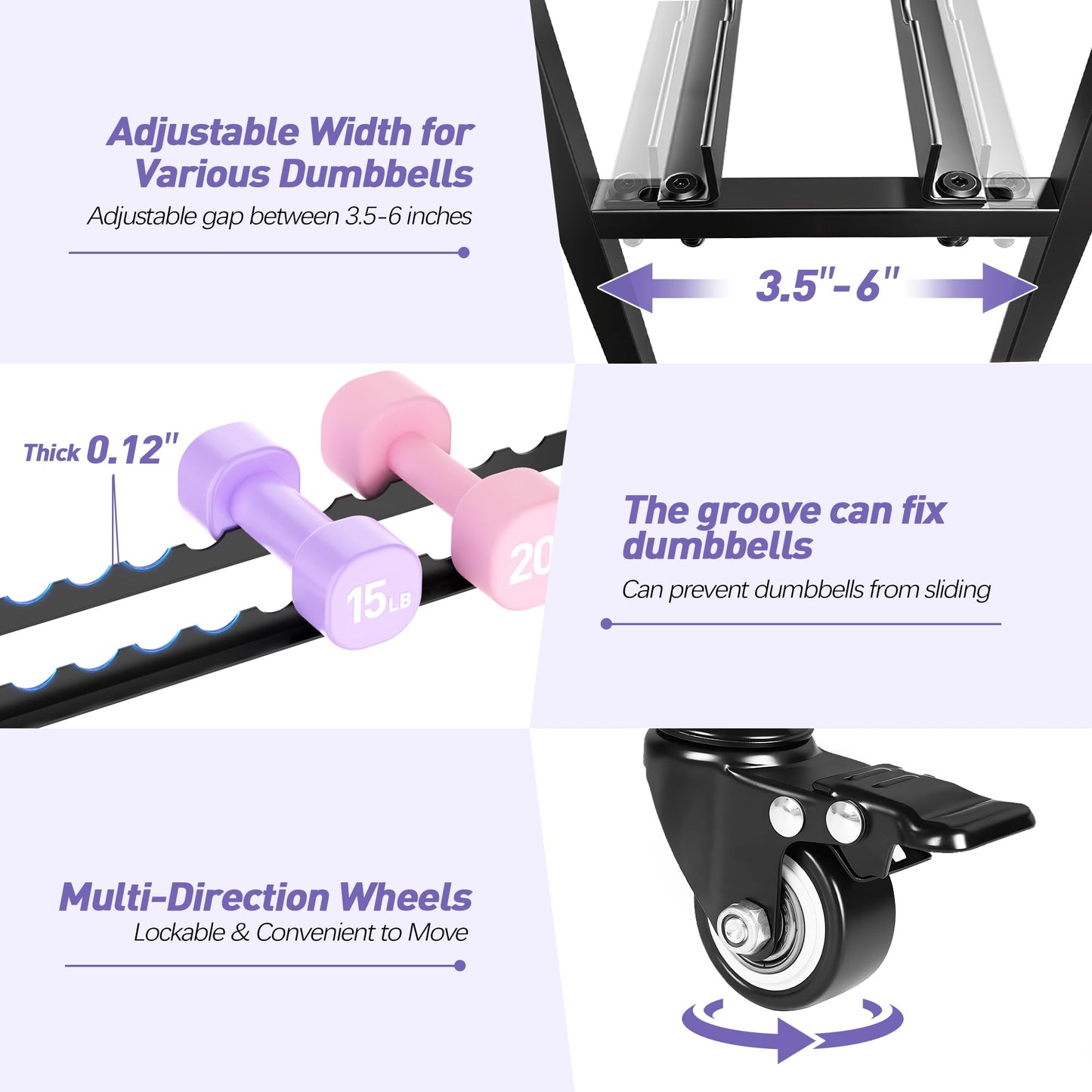 Dumbbell Weight Rack, Home Gym Storage for Kettlebells Yoga Mat and Balls, All in One Workout Storage with Wheels and Hooks, Powder Coated Finish Steel