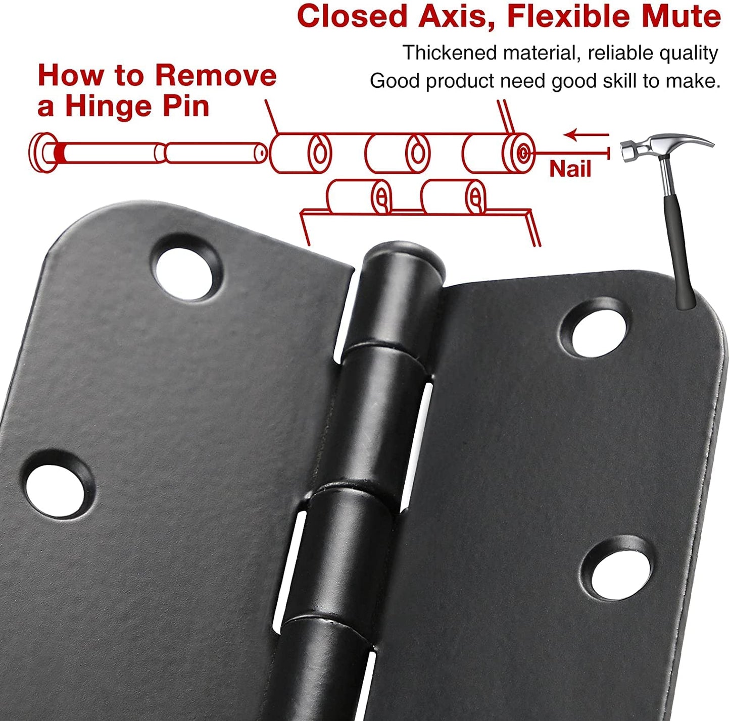 Matte Black Door Hinges No Sqeauk 3.5 x 3 1/2 Inch Interior Door Hinges for Doors Rounded 5/8" Radius 30 Pack