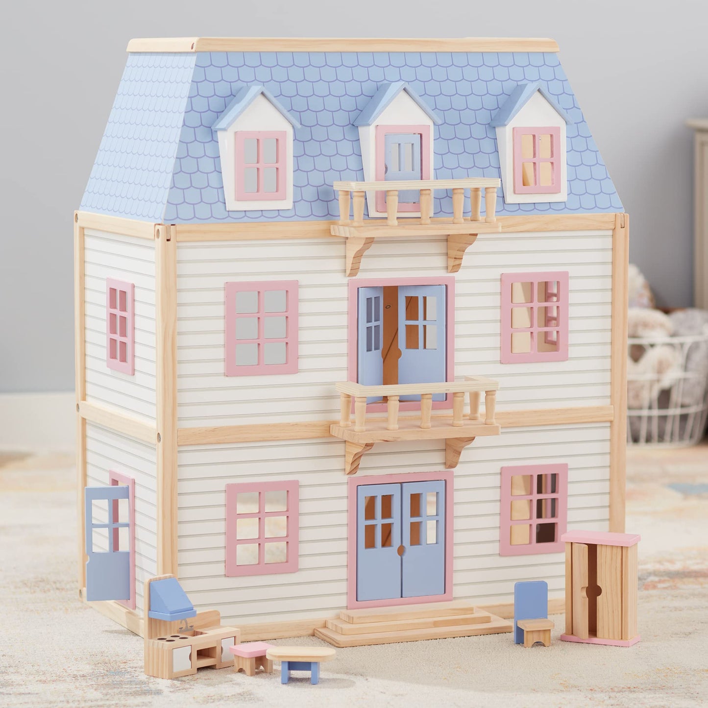 Melissa & Doug Wooden Multi-Level Dollhouse Wooden Multi-Story Pretend Play Dollhouse for Kids