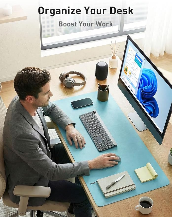 Aothia Faux Leather Desk Mat - Non-Slip PU Leather Desk Blotter, Waterproof Writing Surface, Large Desk Pad for Office & Home (Blue Topaz, 55" x 24")