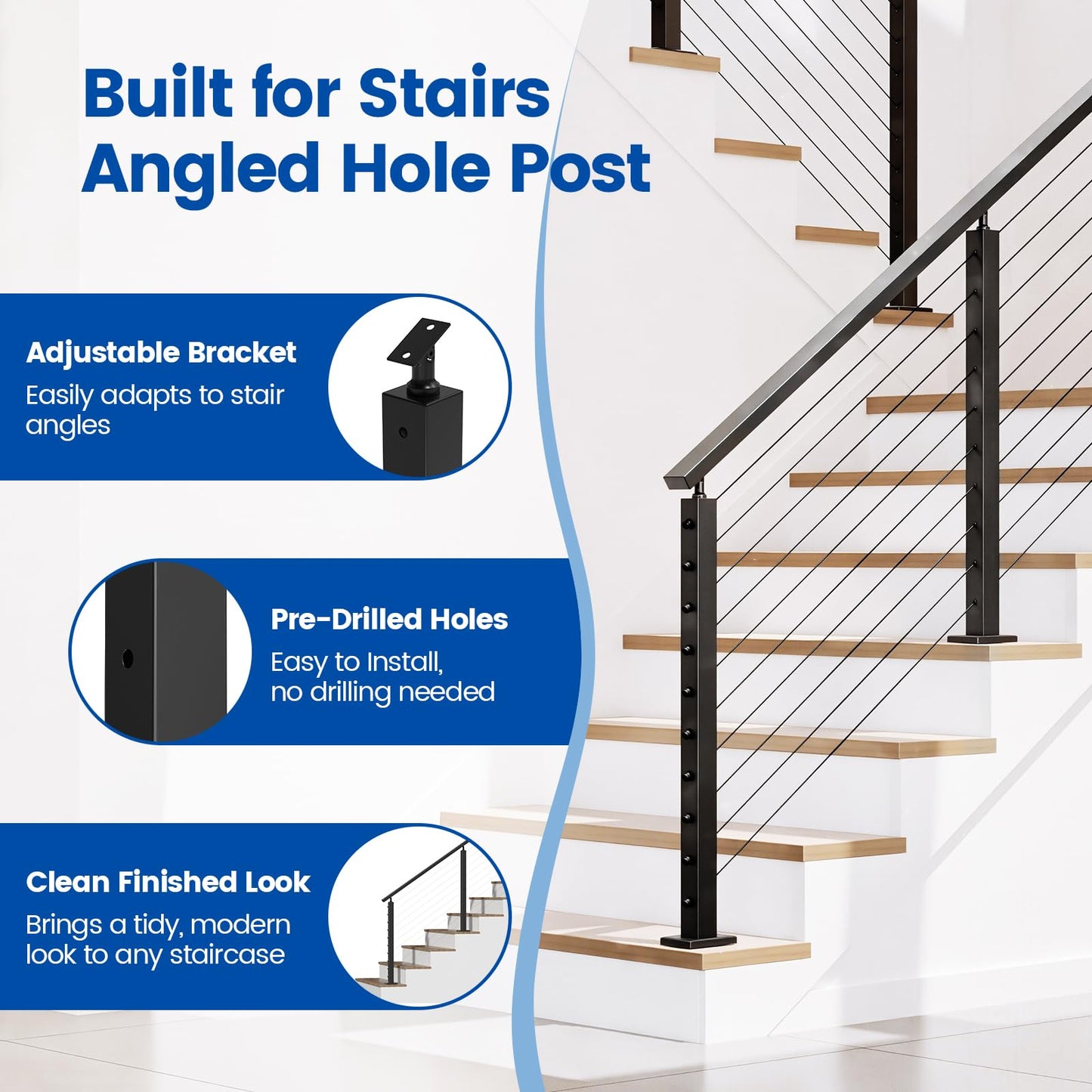Muzata Black Stair Cable Railing Post 36 Inch for 25-35 Degrees Stair 36"x2"x2" Surface Mount T304 Stainless Steel Cable Railing System Kit Indoor Outdoor with Paper User Guide PS01 BA4S