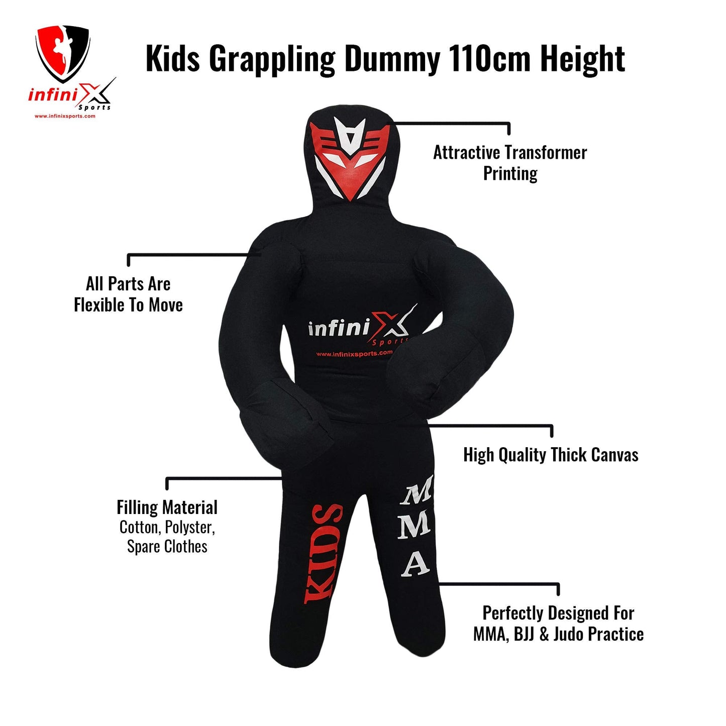 Infinix Sports Kids Grappling Dummy for Kids Youth MMA Boxing Brazilian Jiu Jitsu Dummy - 110cm Unfilled (Black)