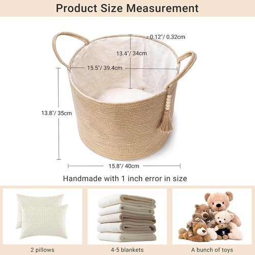 Mkono Woven Storage Basket - Natural Rope Organizer with Wooden Bead Decor | 16" W × 13.8" L for Blankets, Toys, and More