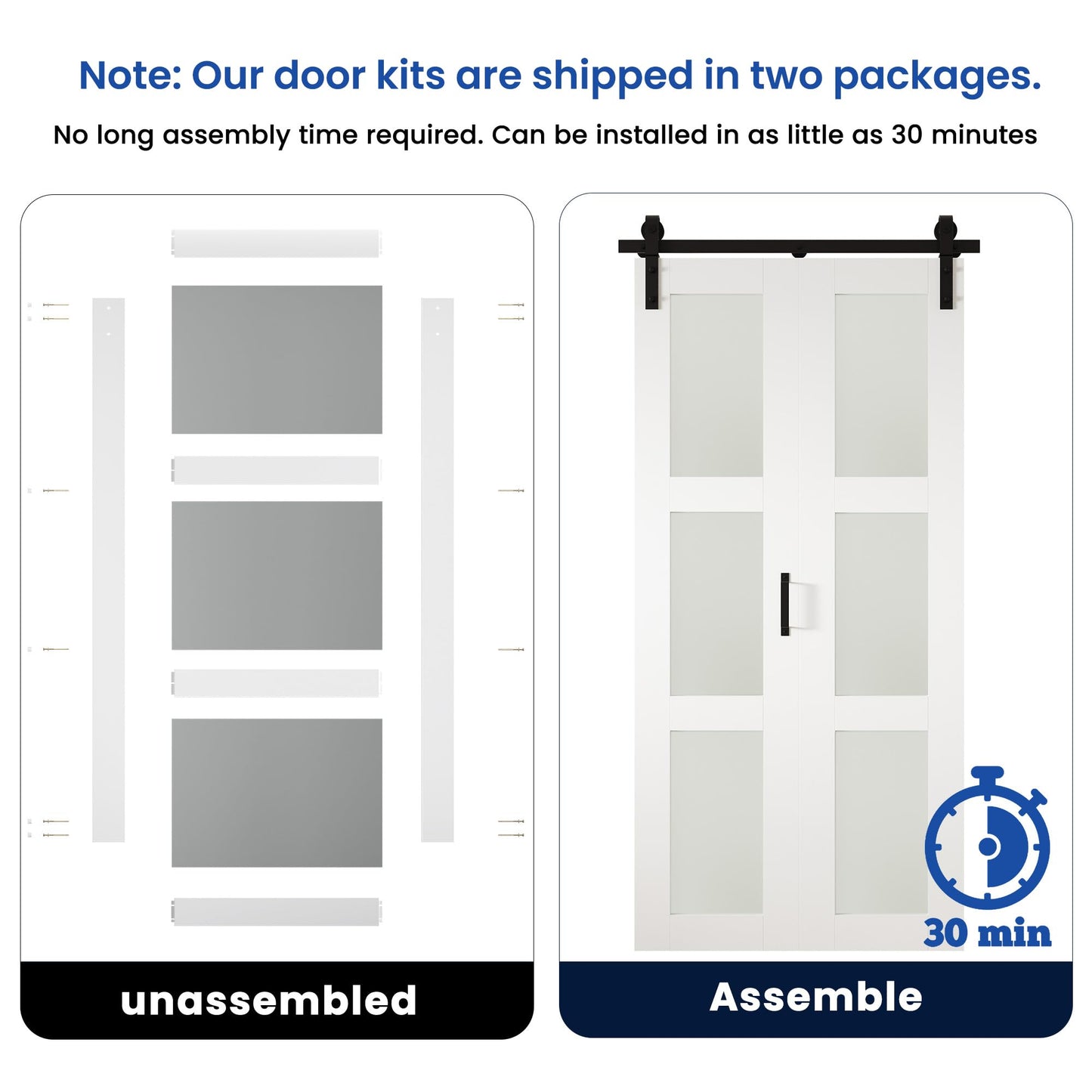 SMARTSTANDARD 48in x 84in Bifold Barn Door, Frosted Glass Barn Door with Hardware Kit Included, Pre-Drilled Holes Easy Assembly -Solid Barn Doors Slab Covered with Water-Proof PVC Surface, White