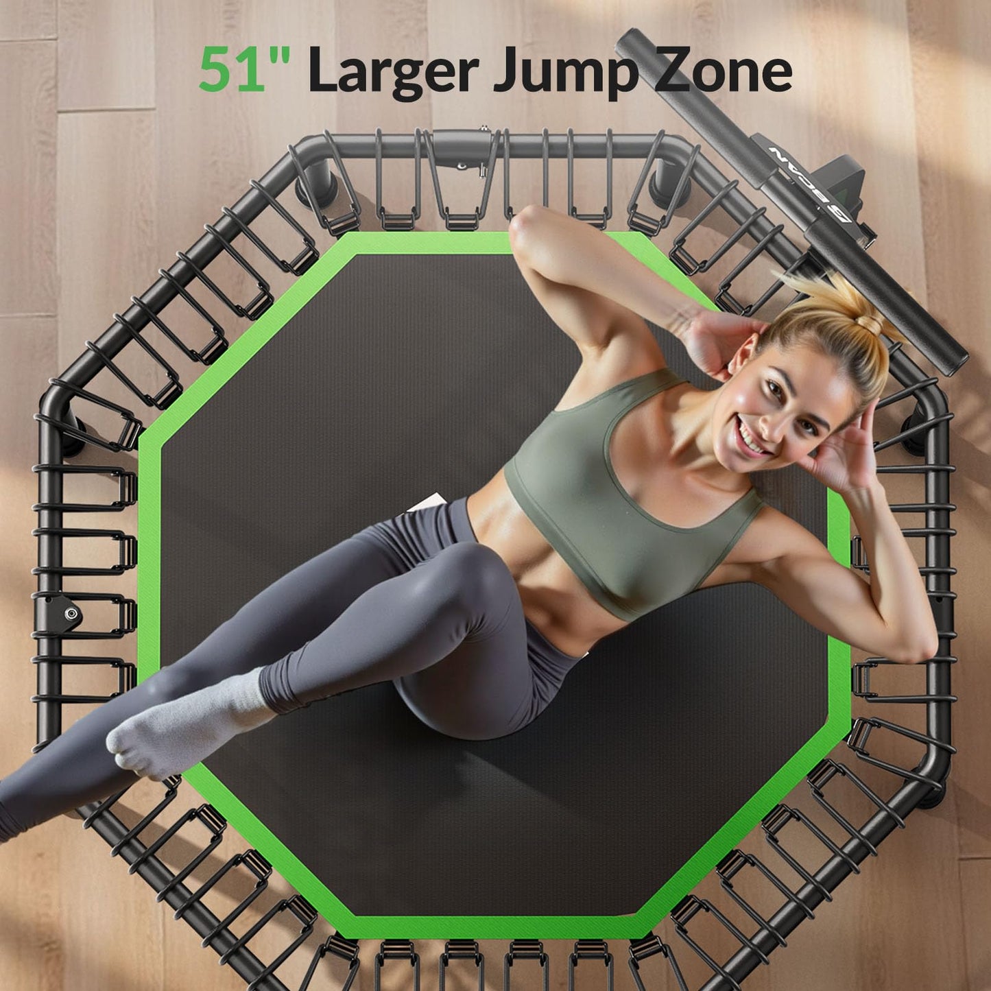 BCAN BT3 51" Octagonal Rebounder Trampoline for Adults, 450LBS Max Load Fitness Trampoline with Large Jumping Area, Silent Bungee Mini Trampoline with T-Adjustable Handle for Home Gym-Green