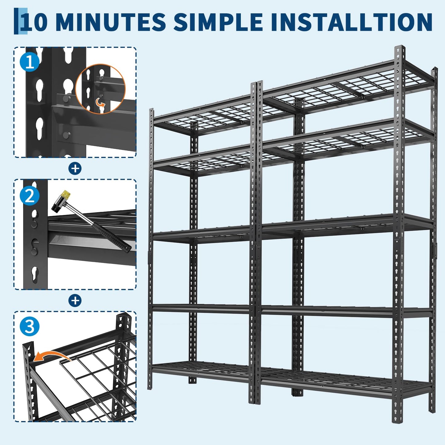 Garage Shelving 2200 LBS Storage Shelves Adjustable Metal Shelving Unit Heavy Duty 5 Tier Metal Shelves for Garage Kitchen Pantry Warehouse Basement, 48" W × 24" D × 72" H