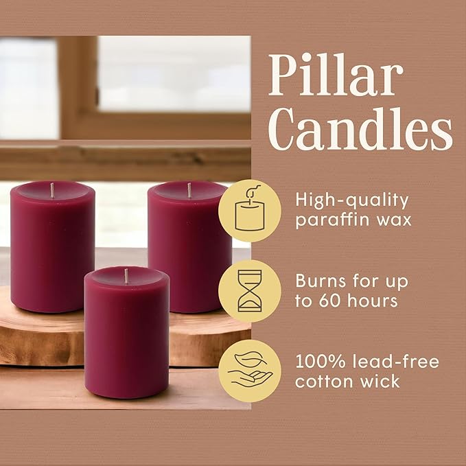 Mister Candle Dripless Unscented Pillar Candles, Set of 3 Hand Poured Solid Color Non-Scented Candles for Home Decor, Premium Wax, 60 Hr Burn Time - 3x4 Inch, Burgundy