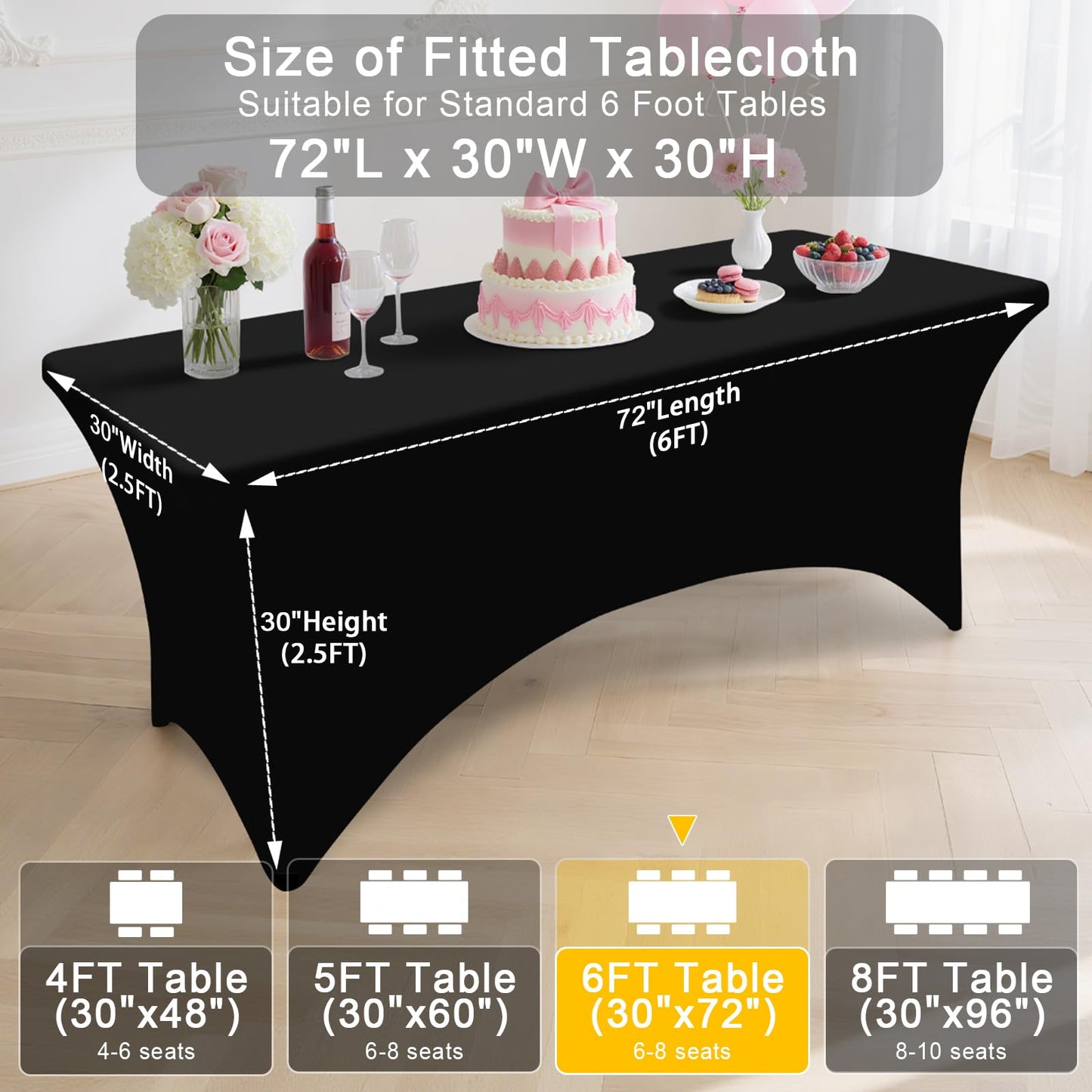 Smiry 6 Pack Spandex Table Cloth 6FT, Elastic Fitted Stretch Tablecloths, Washable and Wrinkle Free Rectangular Patio Talole Cover for Outdoor, Wedding, Banquet & Parties (Black,72Lx30Wx30H Inch)