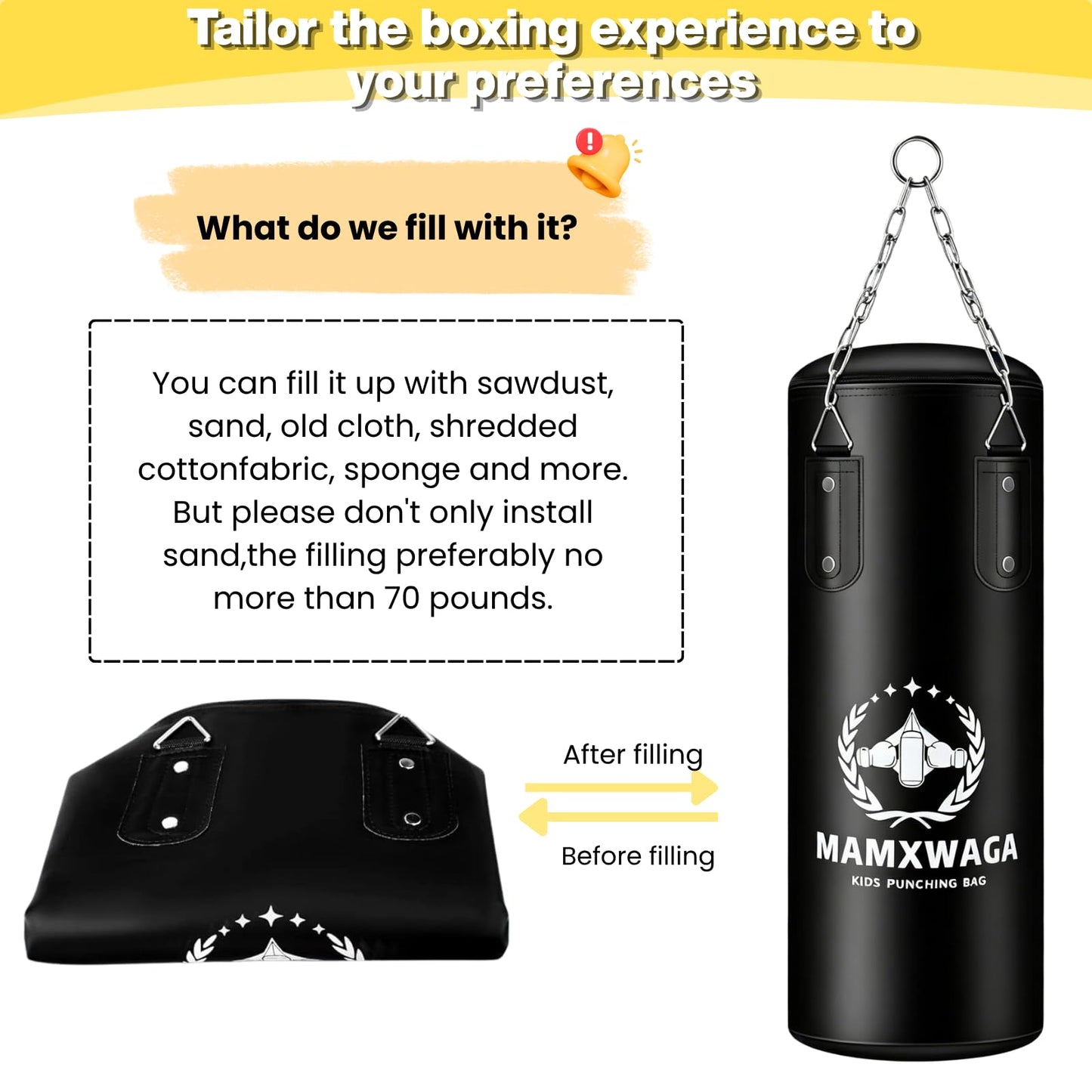 Mamxwaga Kids Punching Bag Set Unfilled, Hanging Boxing Bag Kickboxing Bag with Boxing Gloves, Kids Boxing Set for 3-12 Years, for Youth Karate Muay Thai Kick Taekwondo Training