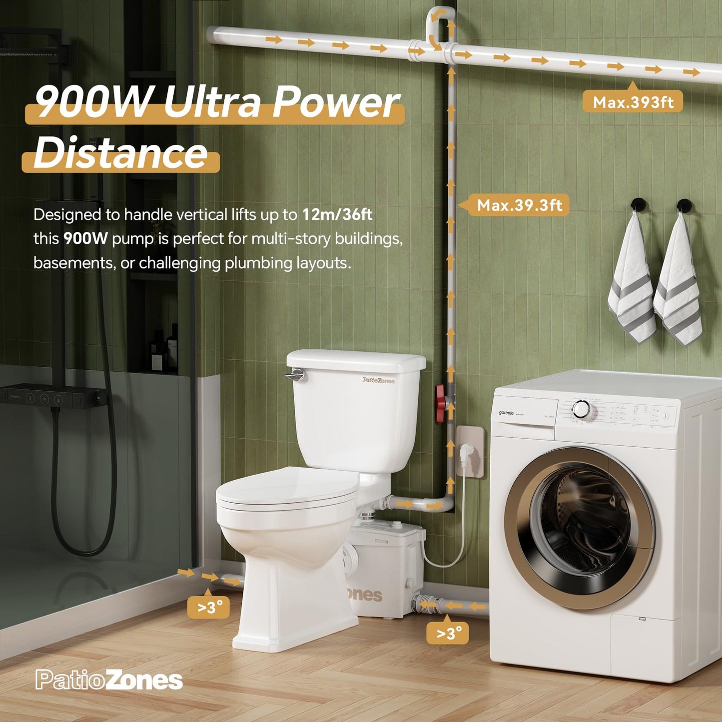 900W Basement Upflush Toilet System, Macerating Toilet with Pump, Head Lift Up to 39.3ft, Included Two-piece Elongated Bowl, 4 Inlets, Top & Side Discharge Macerator Pump, Extension Pipe