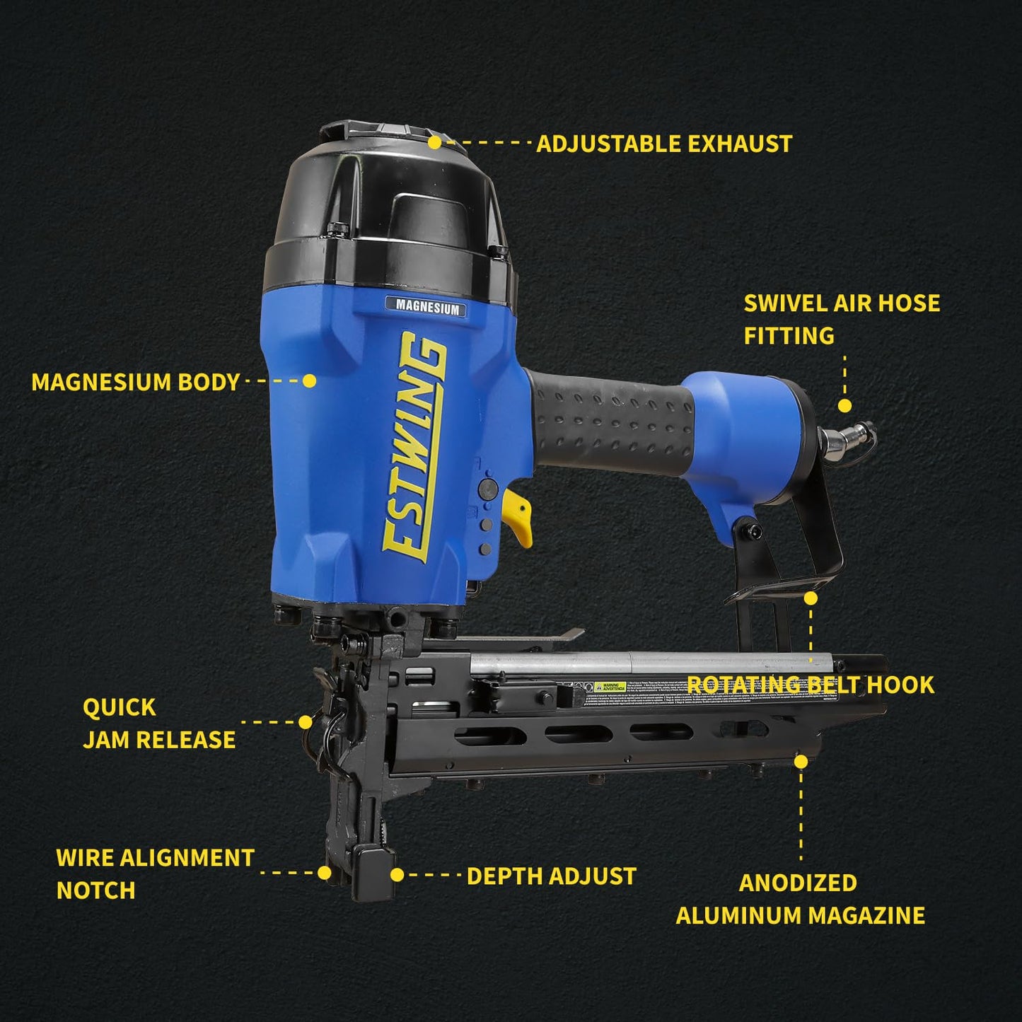 Estwing Pneumatic 9-Gauge Fencing Stapler, 7/8"–2" Staples, Lightweight Magnesium Staple Gun with Depth Adjustment, Anti-Dry Fire & Swivel Fitting, Includes T-Handle, Belt Hook & Carry Bag, EFS9