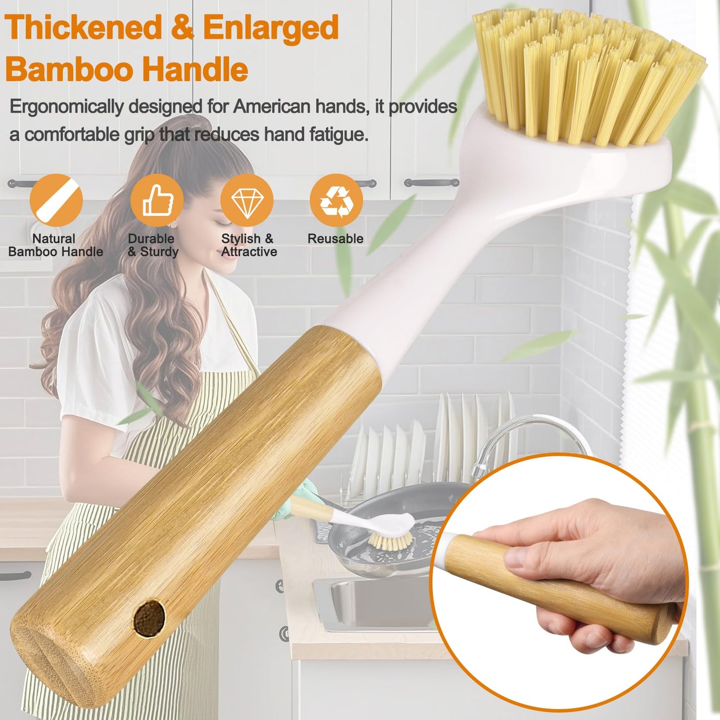 SOGCASE Dish Brush with Handle,Kitchen Scrub Brushes for Cleaning, Dish Scrubber with Stiff Bristles for Sink, Pots, Pans, 1 Pack