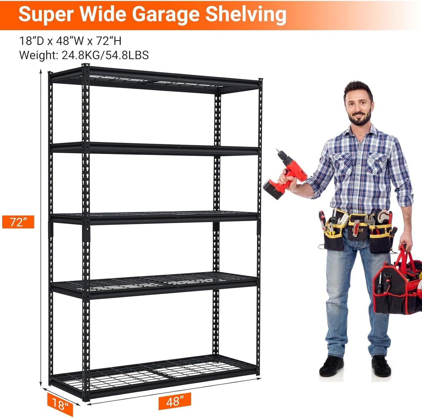 PioneerWorks 2500 Lbs Capacity Heavy Duty Garage Shelving, 48x18x72 Inch 5-Tier Metal Wire Shelves, Adjustable Industrial Storage Rack for Garage, Basement, Warehouse Organization